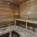 a wooden bench in a sauna room